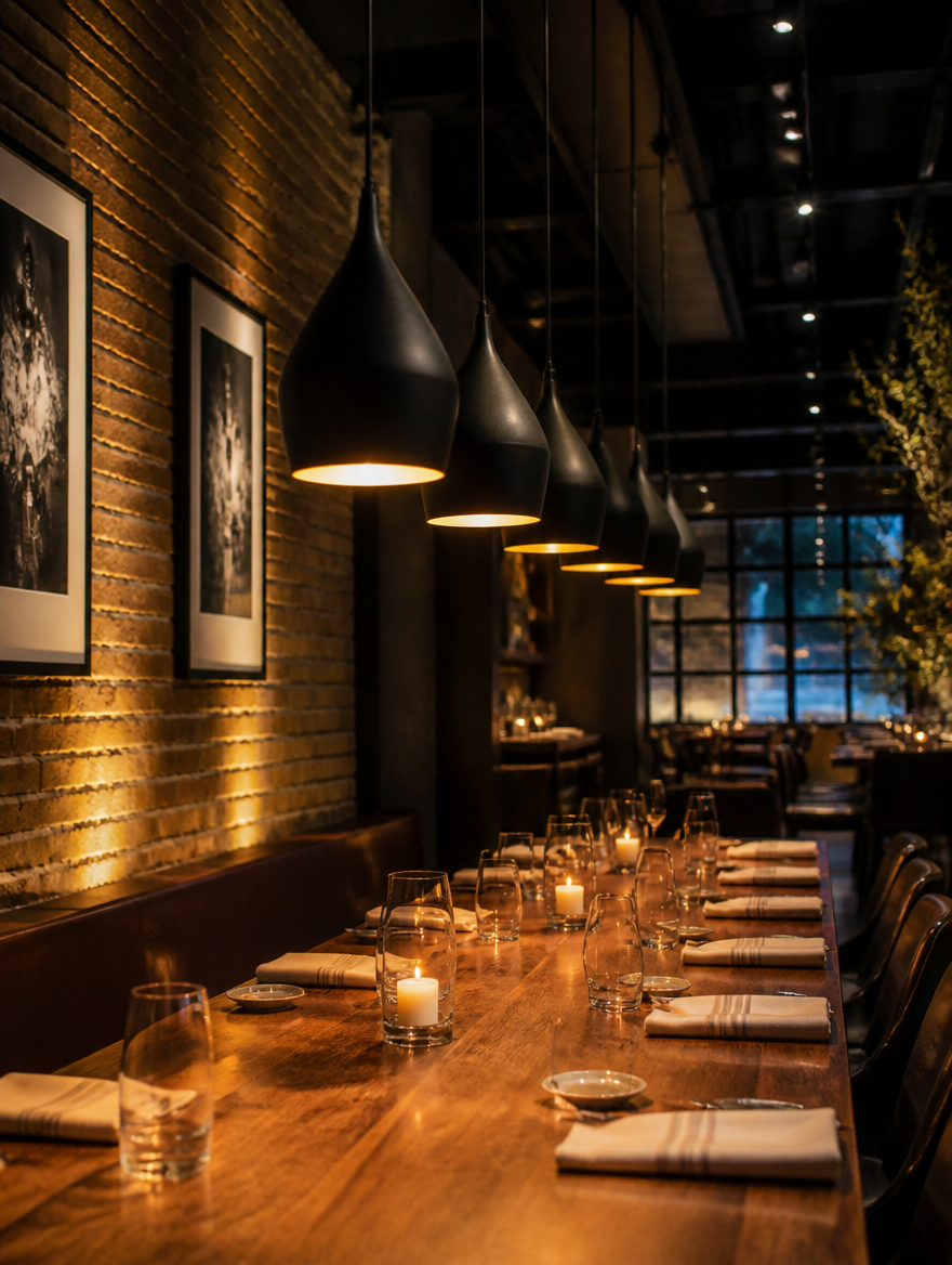 NordicLine Linear LED Pendant Lights above dining table in restaurant
