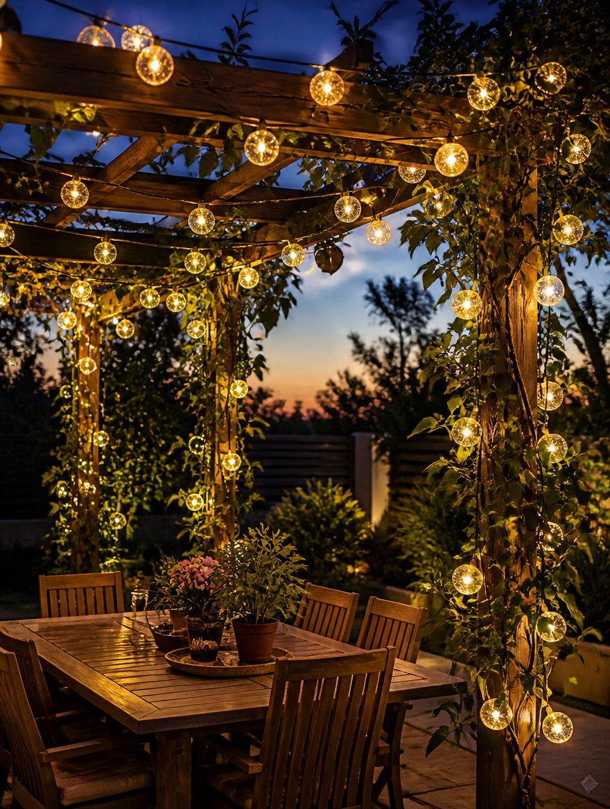 SolarGlow Crystal Globe String Lights on garden pergola at dusk