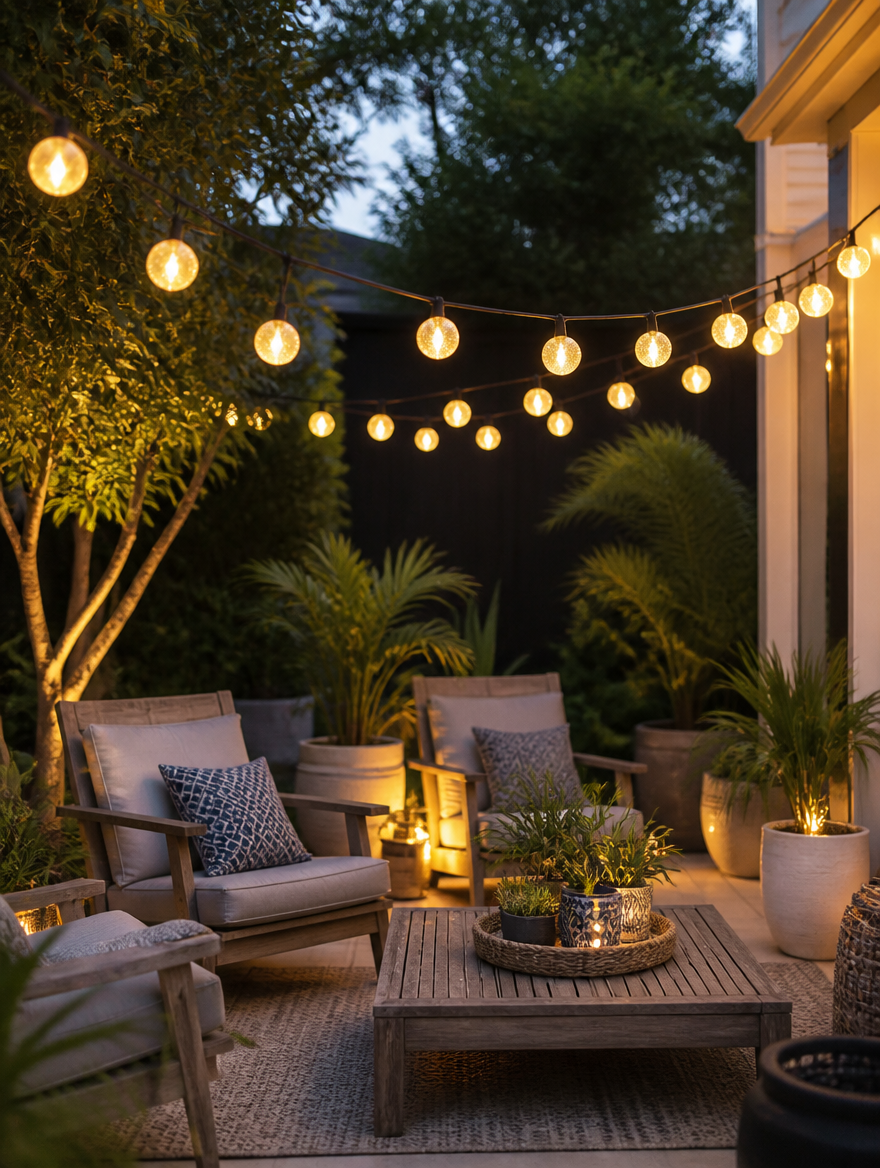 SolarGlow Crystal Globe String Lights on backyard patio