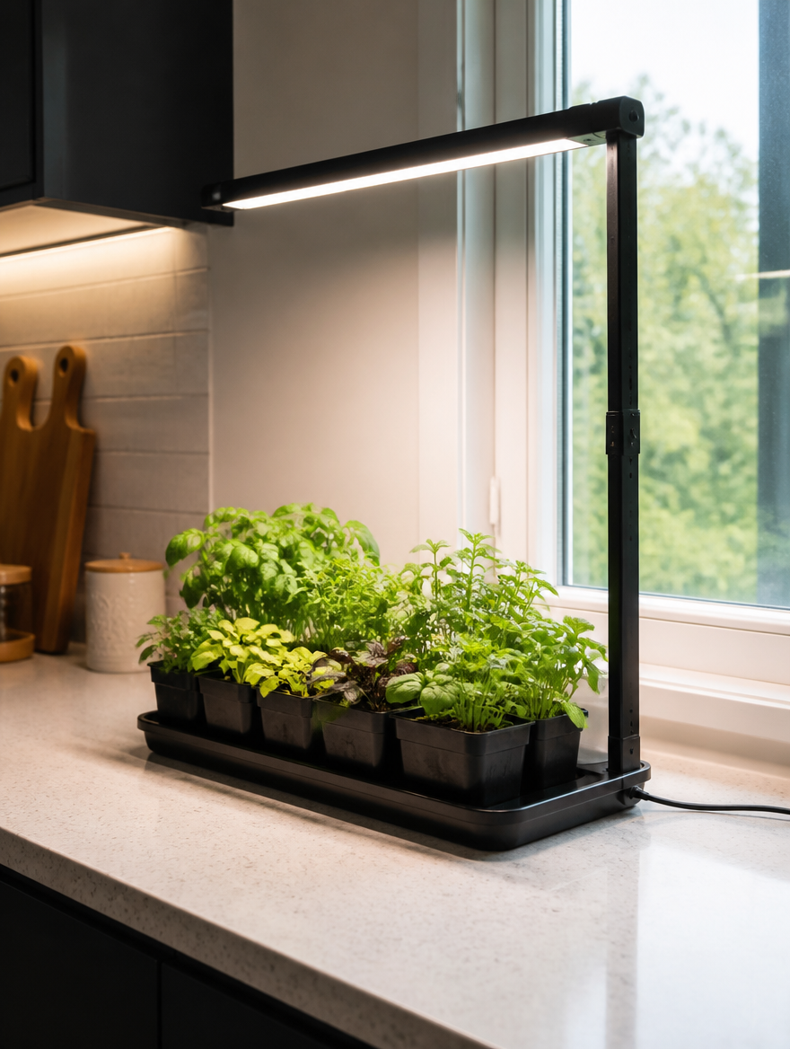 FloraBeam LED Grow Light illuminating herbs on kitchen windowsill
