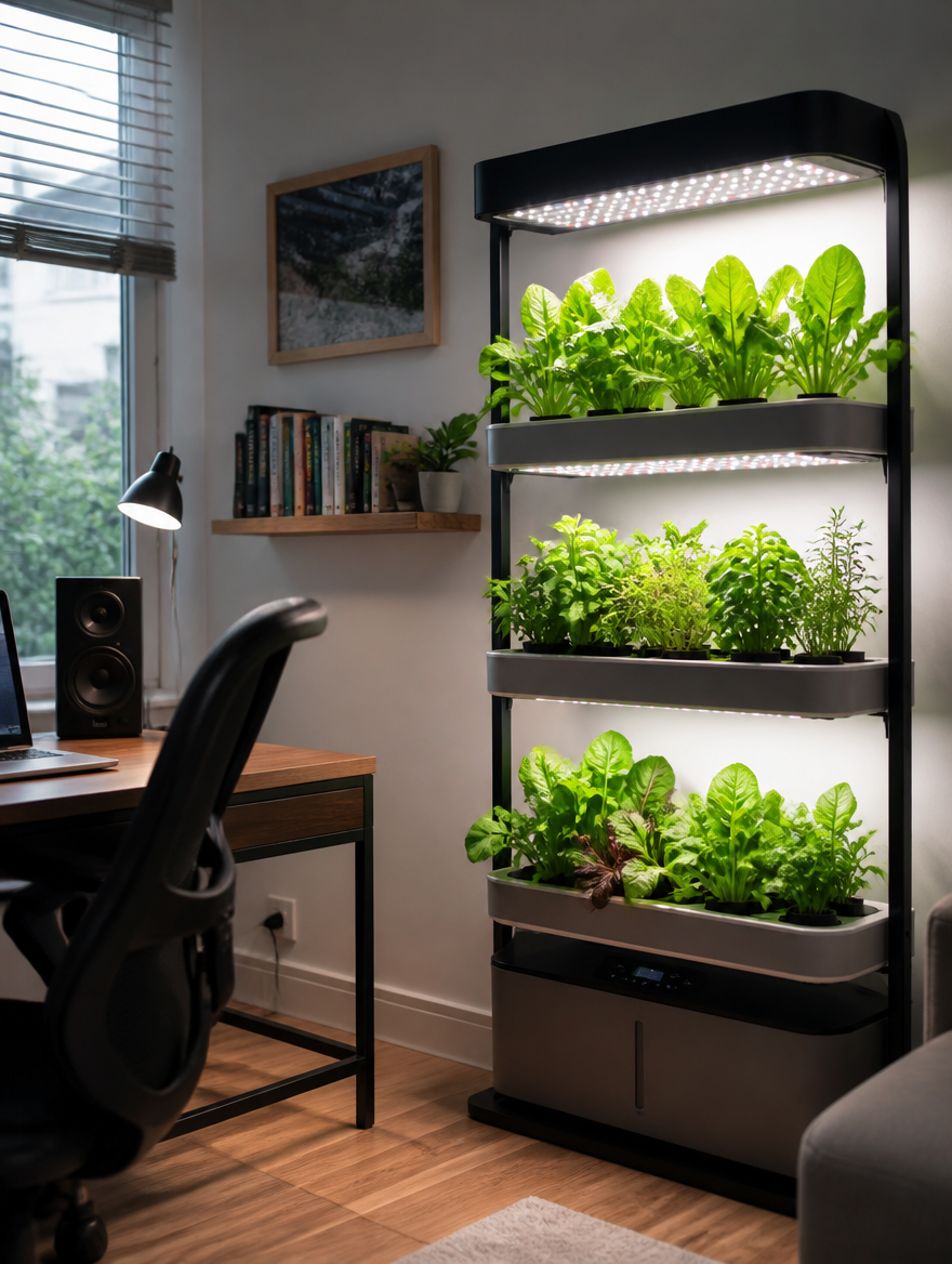 FloraBeam hydroponic LED grow light in home office