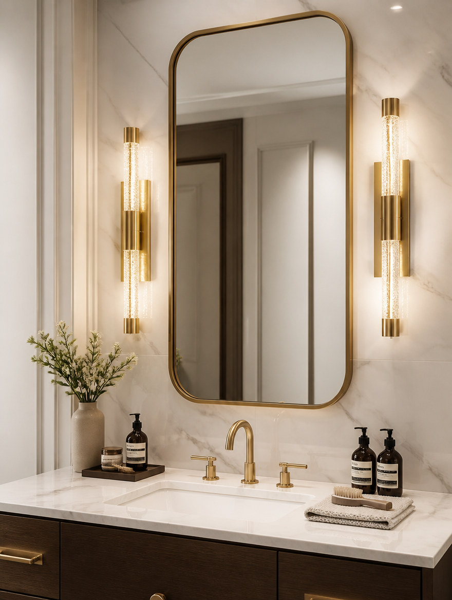 LuxeGild Gold LED Wall Sconce in bathroom vanity