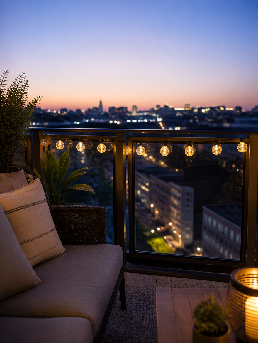 SolarGlow Crystal Globe String Lights on balcony at twilight