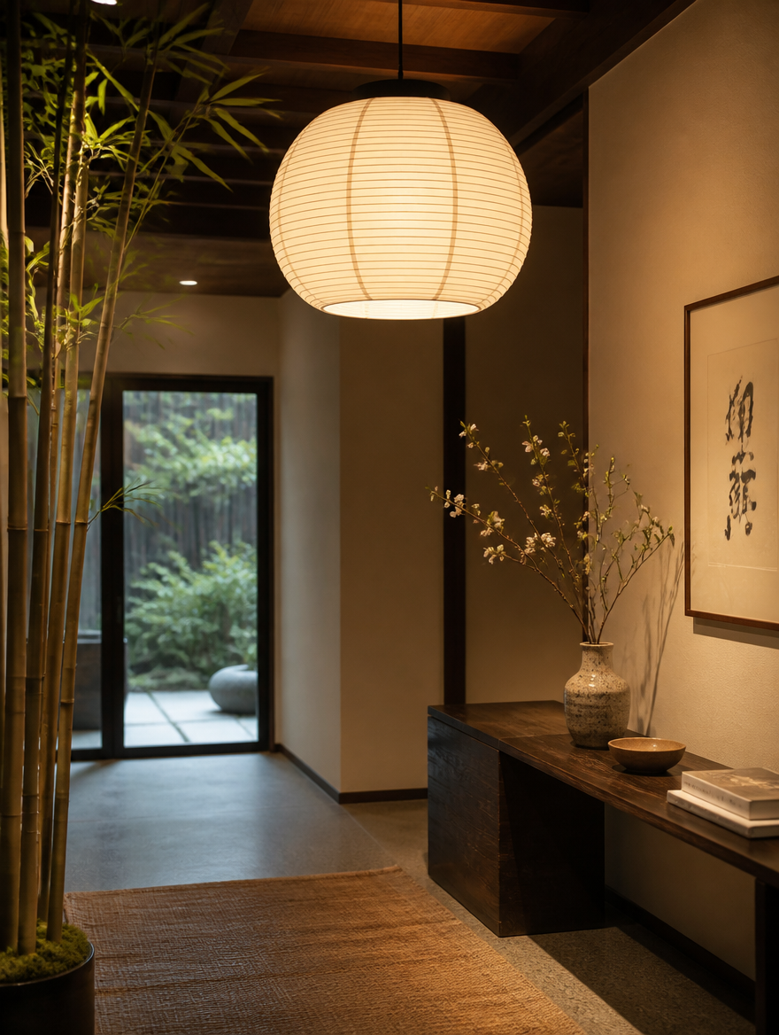 Akari rice paper pendant lamp in zen entryway