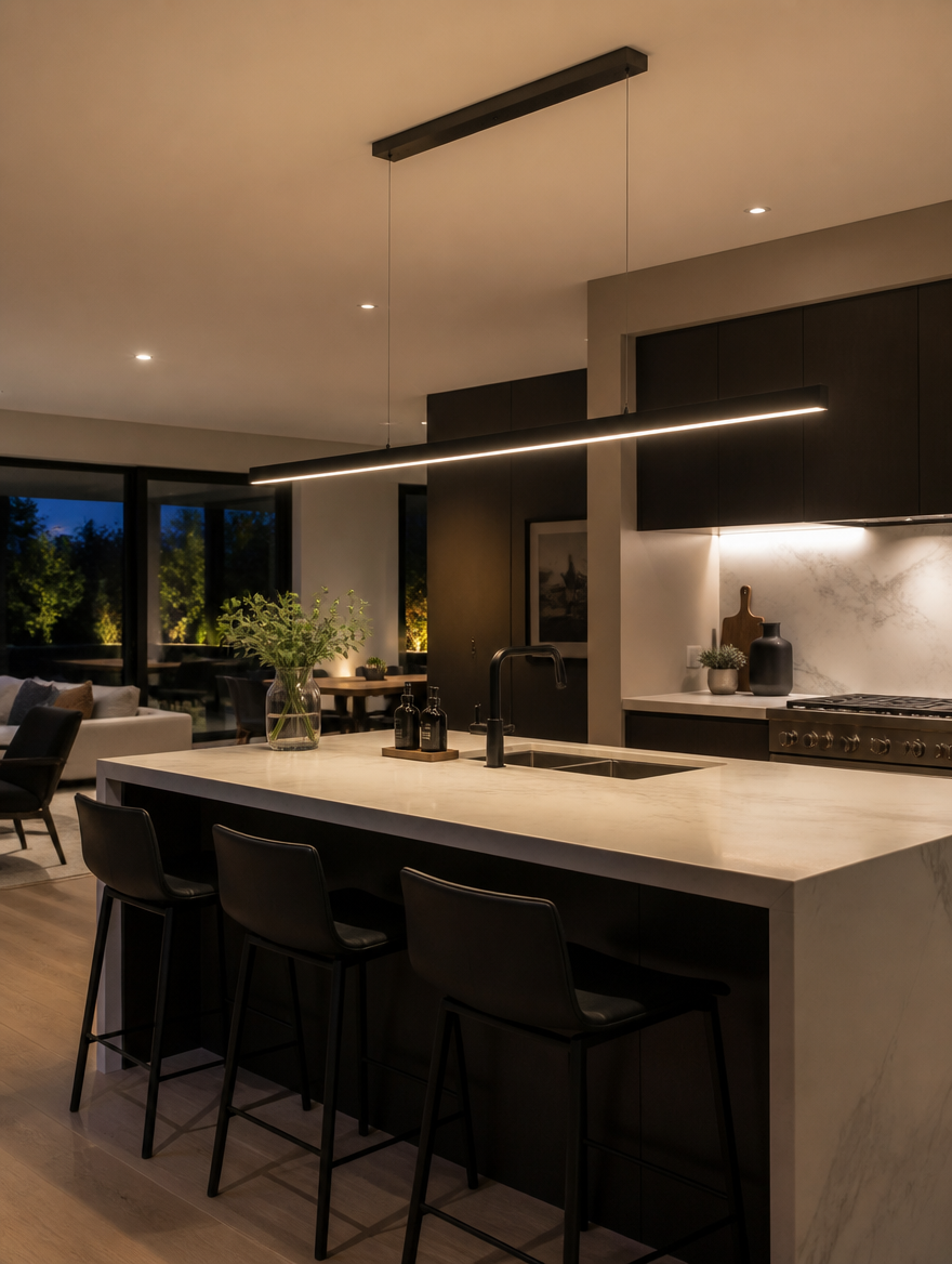 Sleek linear pendant light above kitchen island