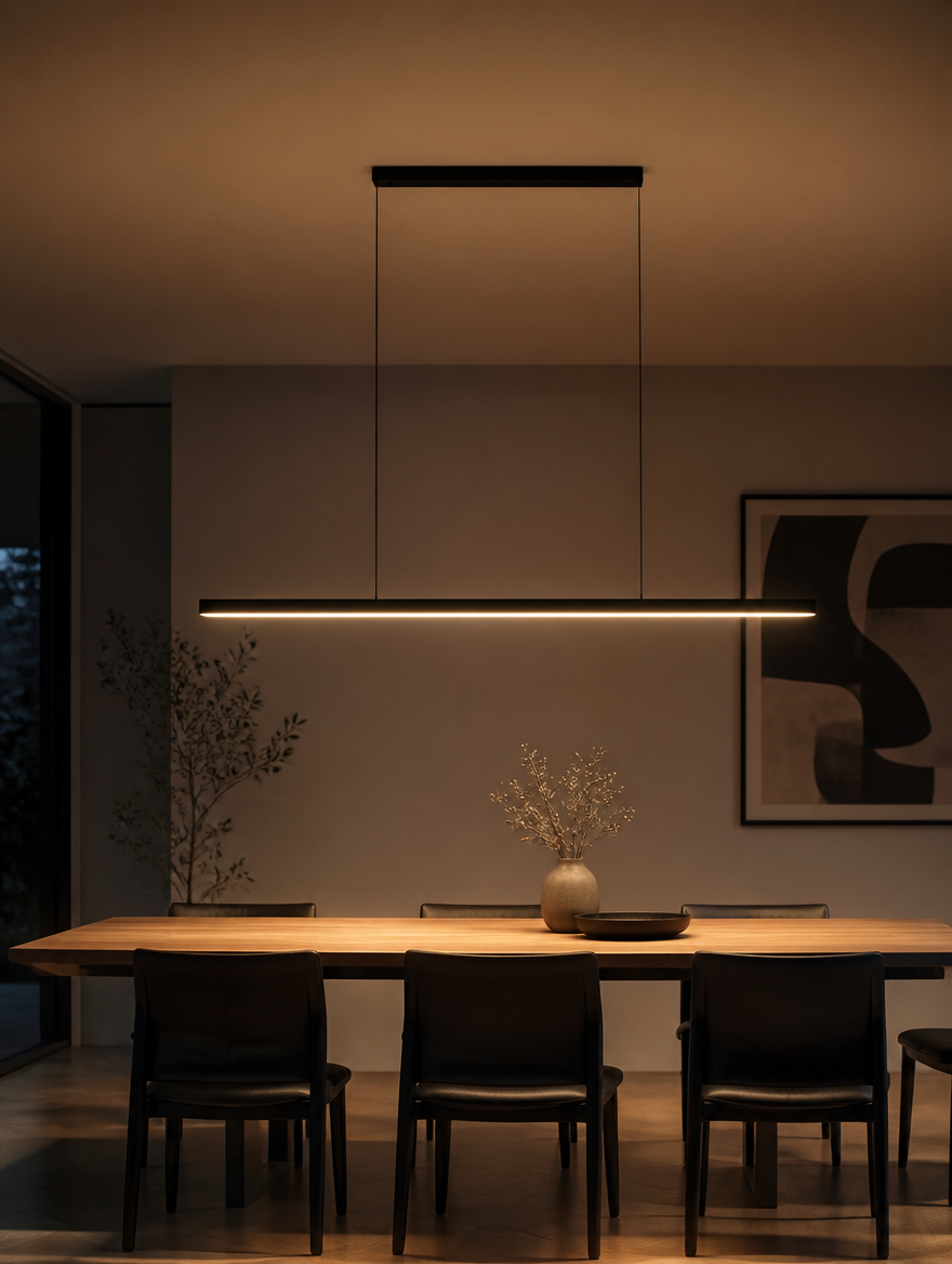 Ultra-thin linear pendant light over modern dining table