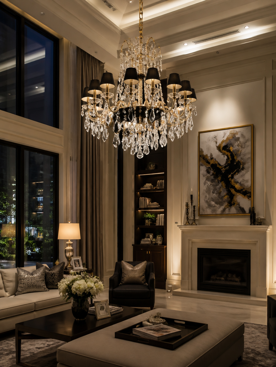Luxurious crystal chandelier in grand living room