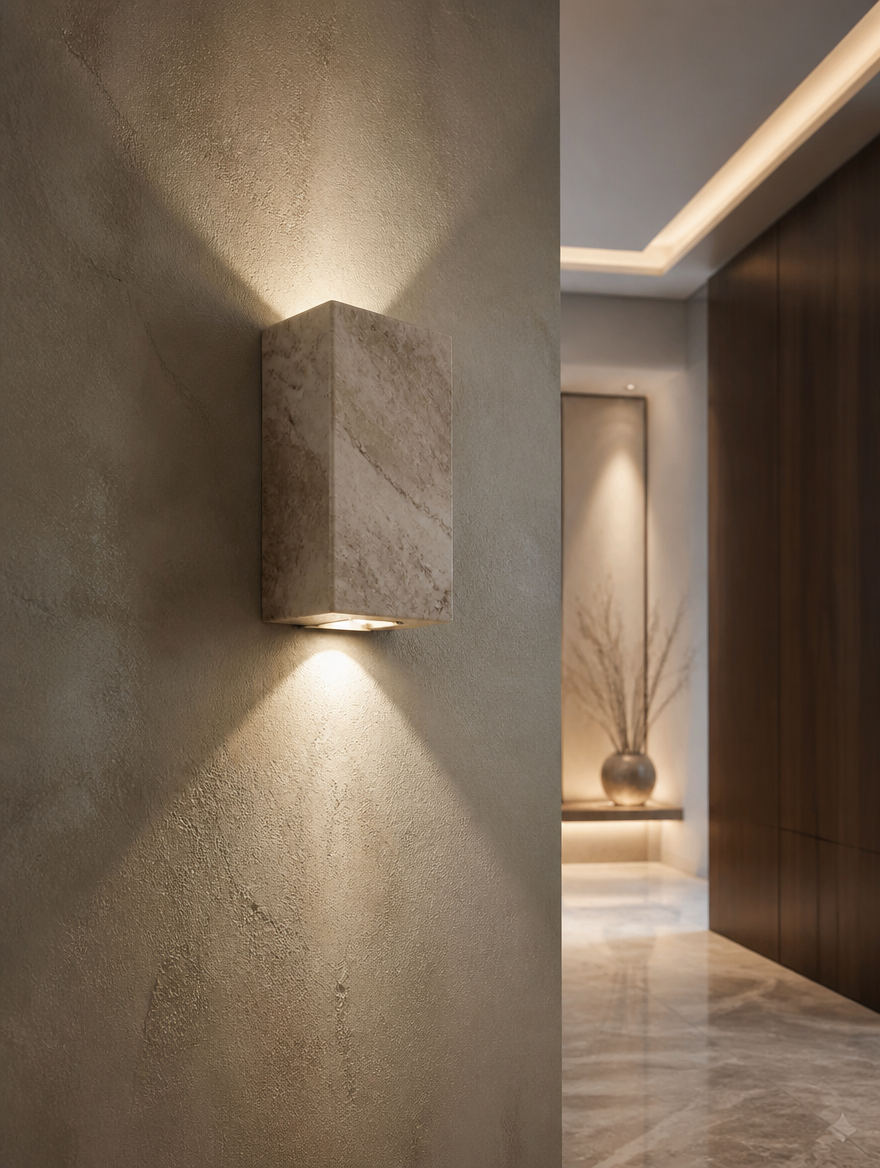Cuboid marble wall lamp in upscale hallway