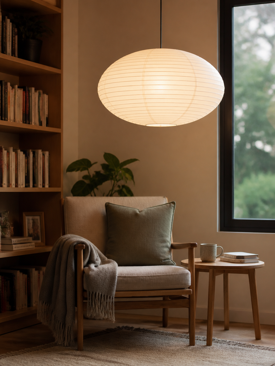 Noguchi-style rice paper pendant in cozy reading nook
