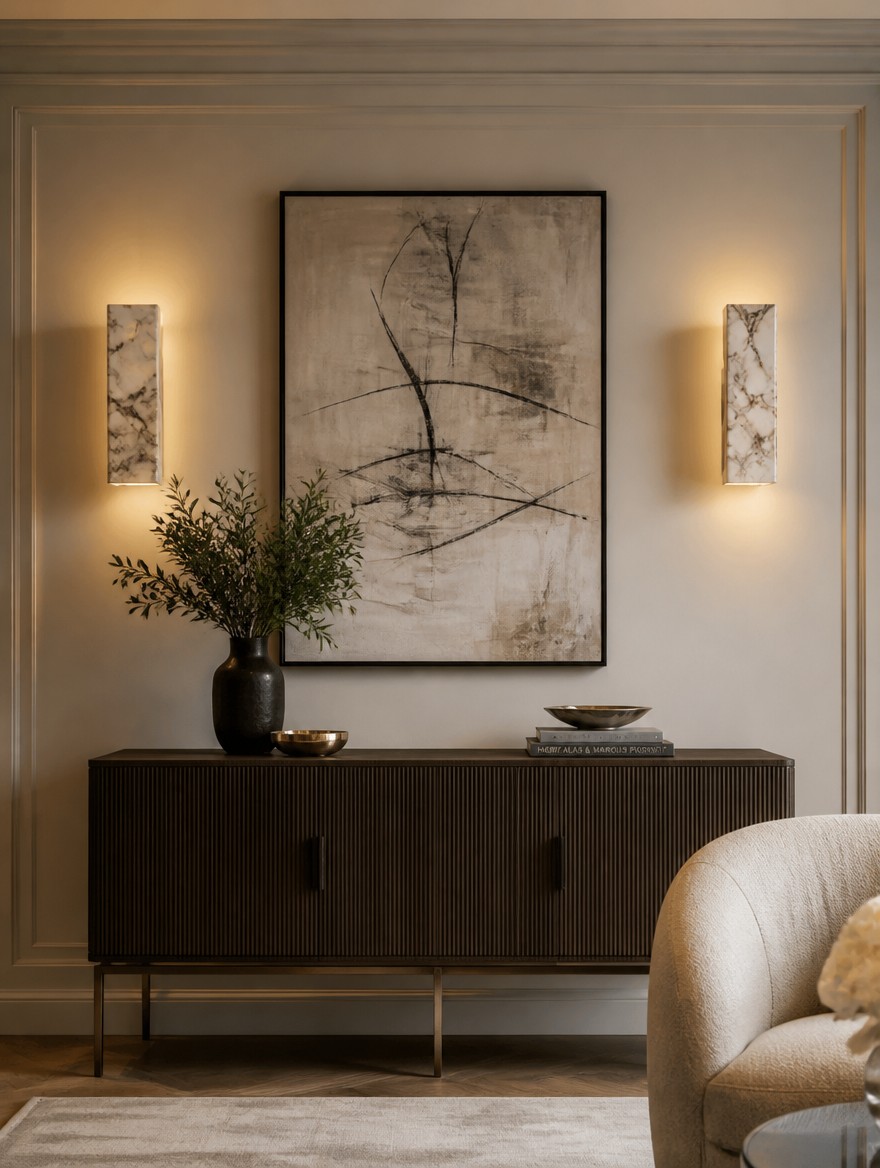 Marble wall lamp flanking modern console table