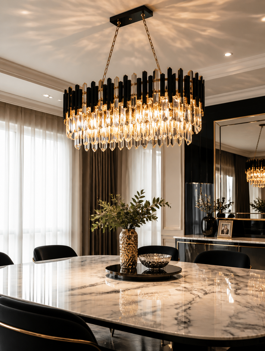 Black and gold crystal chandelier in elegant dining room