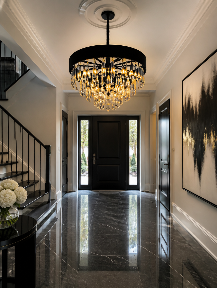 Black and gold crystal chandelier in sophisticated foyer