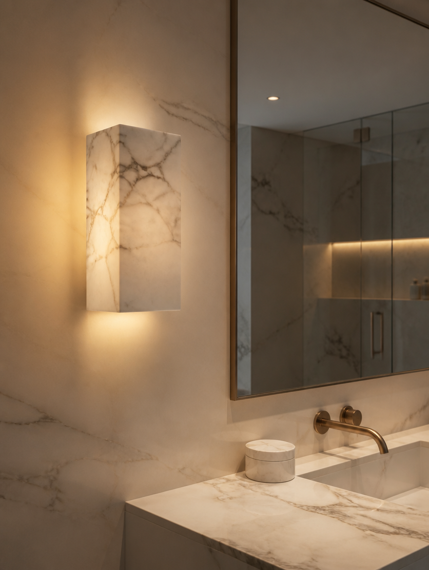 Natural marble wall sconce beside bathroom vanity