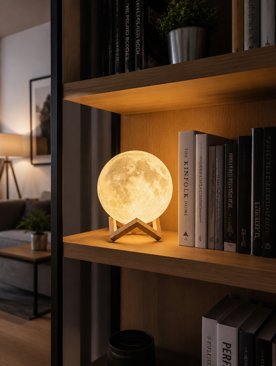 3D moon lamp on bookshelf in stylish living room
