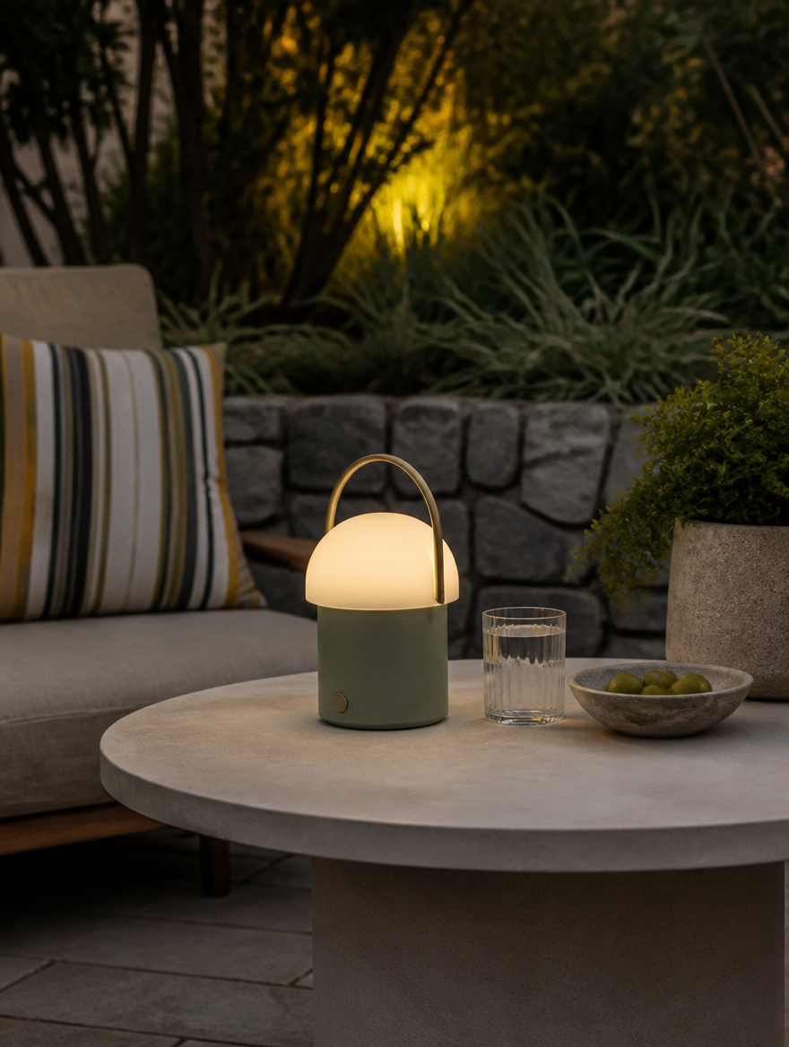 Portable retro table lamp on outdoor patio