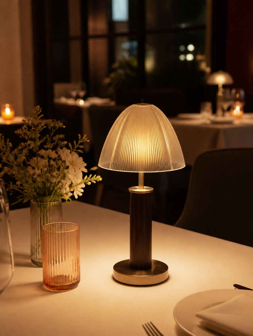 Retro rechargeable table lamp on restaurant dining table