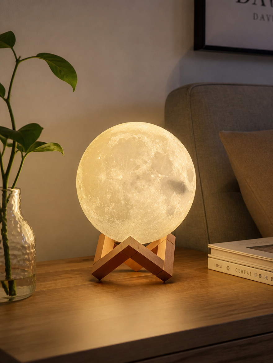3D moon lamp glowing on a cozy nightstand