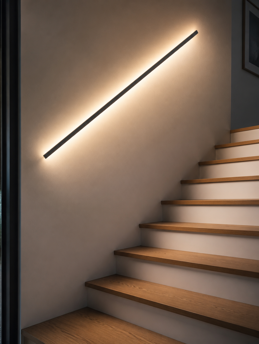 Linear LED wall lamp illuminating staircase