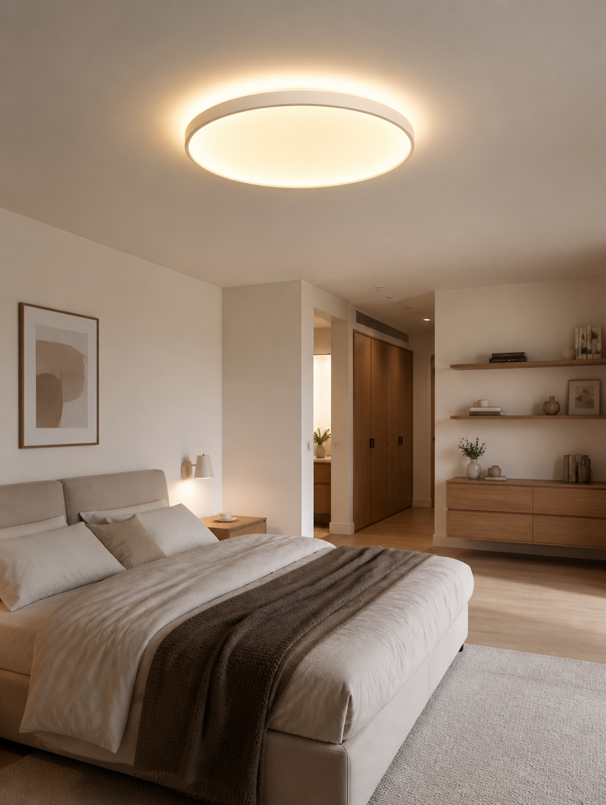 LED ceiling light in minimalist master suite