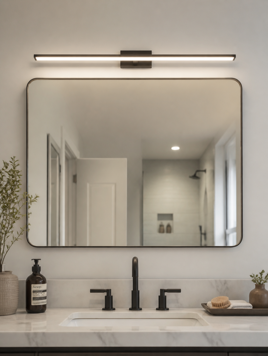 Slim LED wall light above bathroom vanity