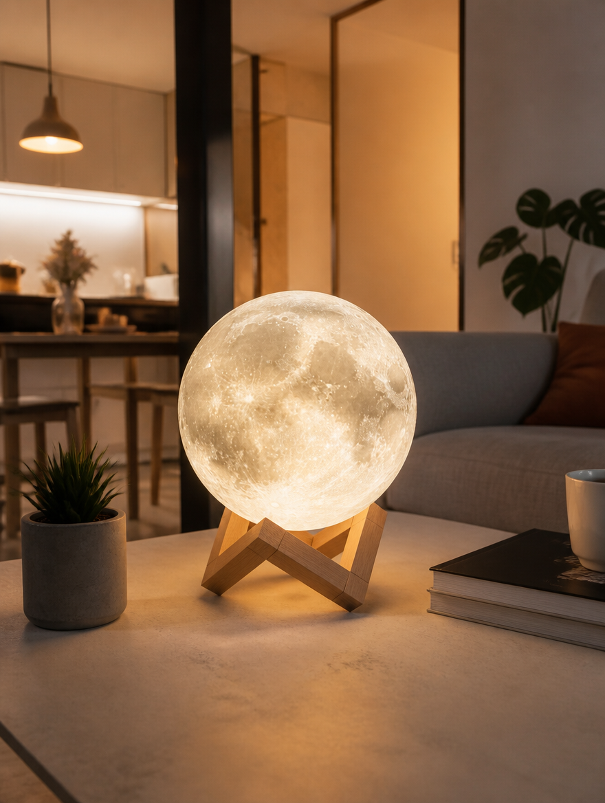 3D moon lamp centerpiece on coffee table