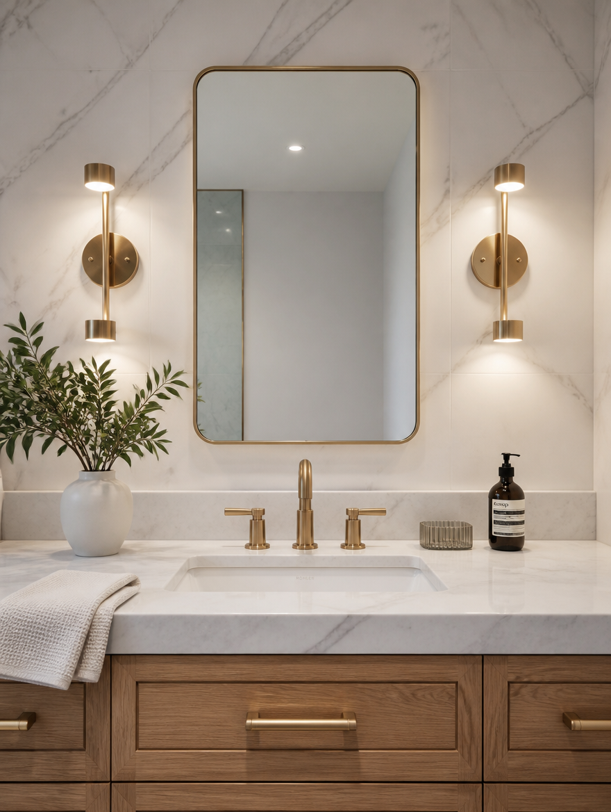 Dual-head LED wall sconce in bathroom