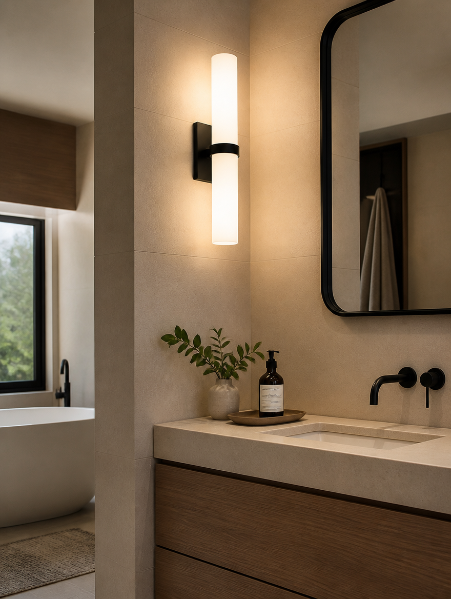 LED wall sconce in spa-like bath