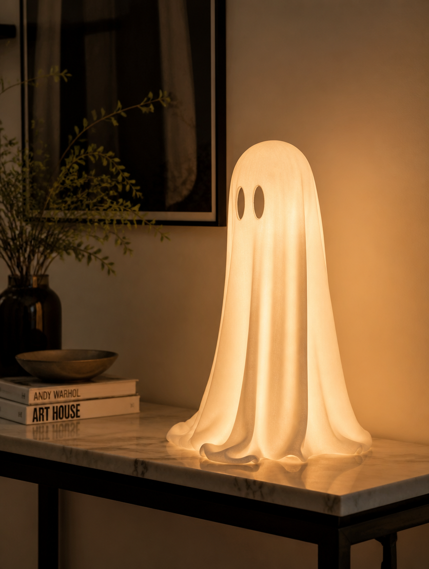 Ghost table lamp on console in chic living room