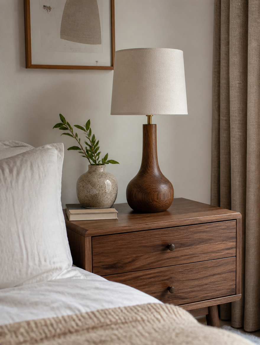 Walnut wood table lamp on nightstand