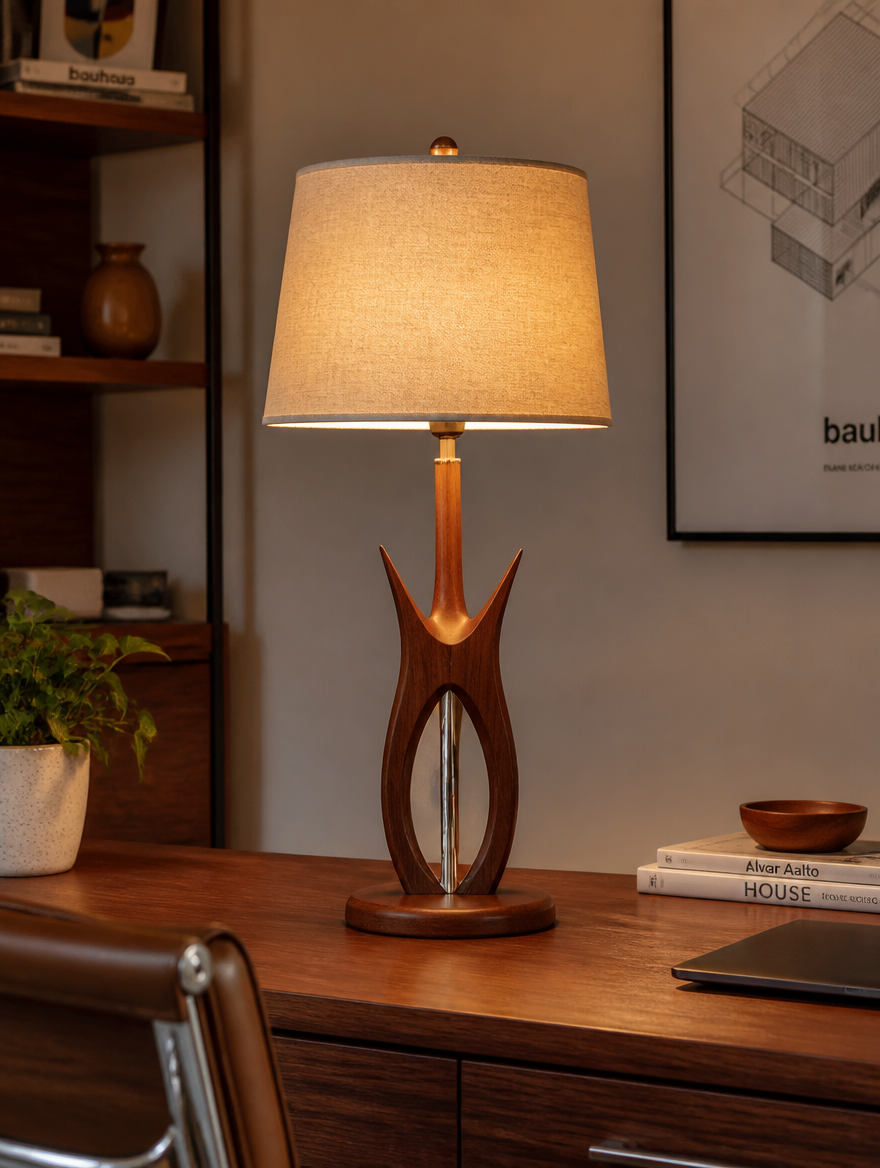 Walnut table lamp on mid-century desk