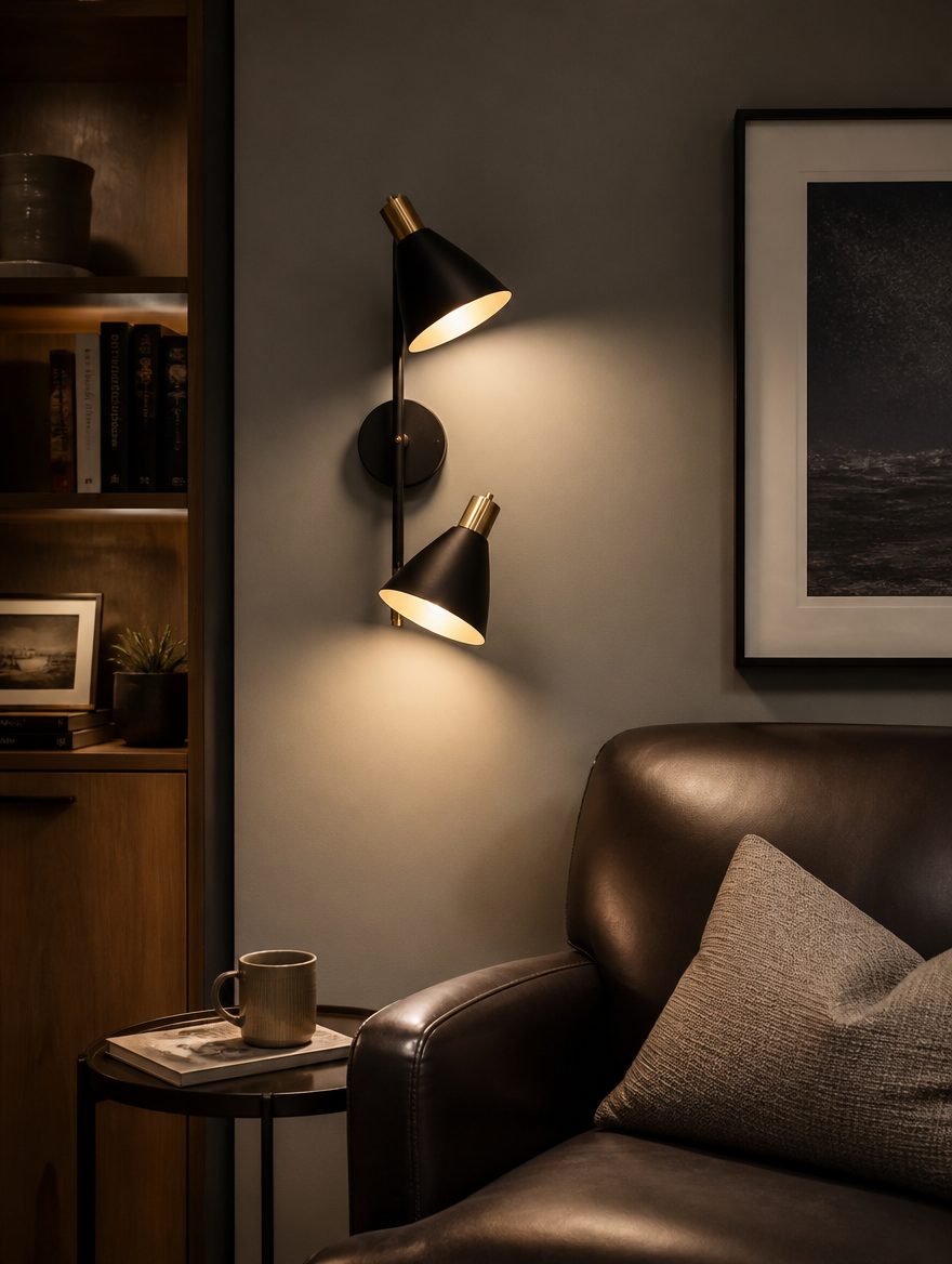 Two-light wall lamp beside reading chair
