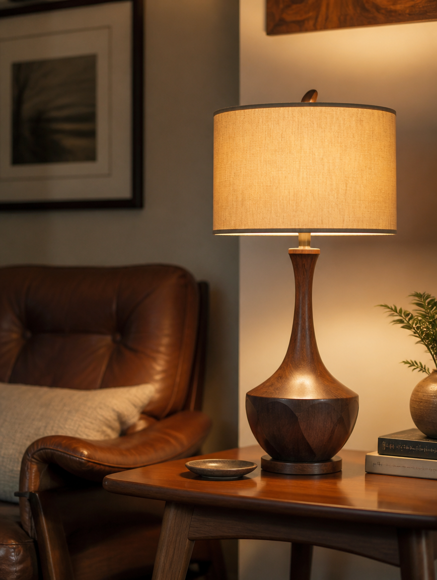 Walnut table lamp on living room side table
