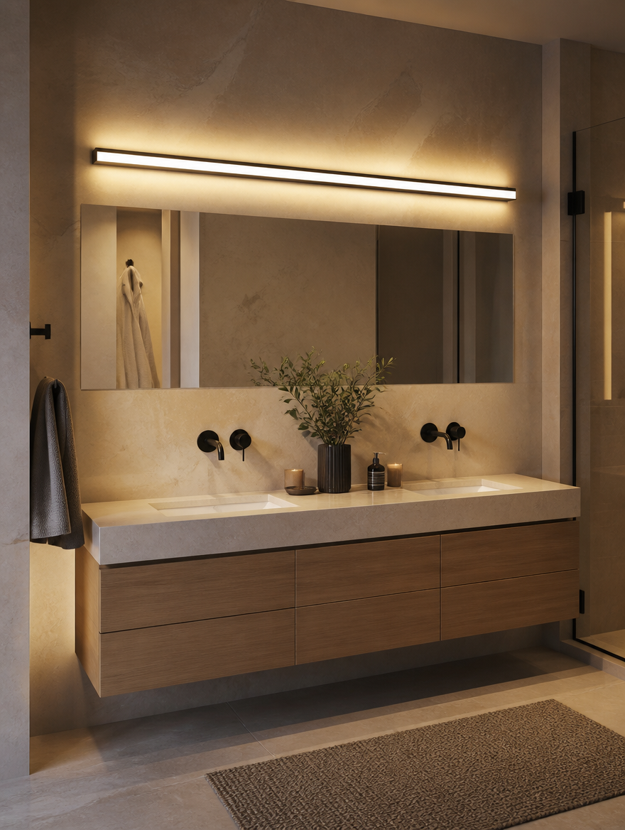 Long LED wall light in modern bathroom