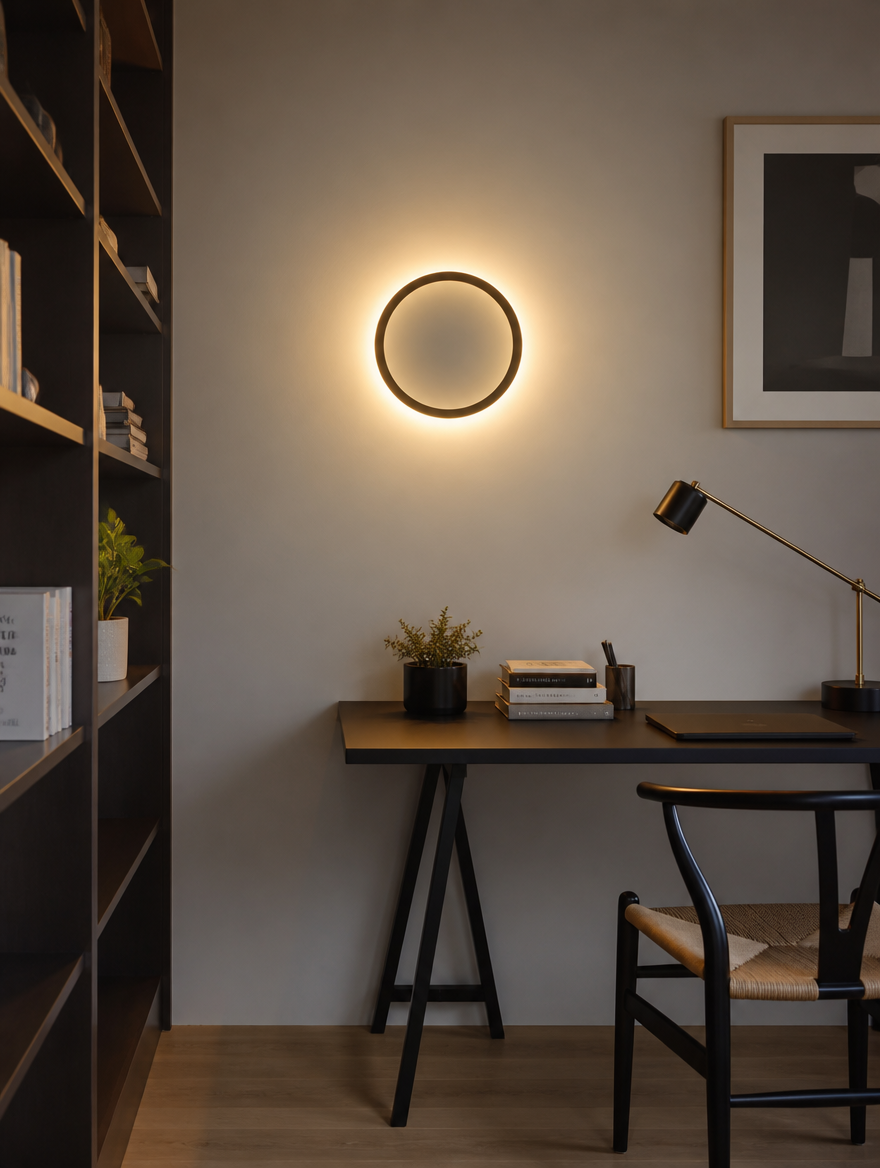 Round ring LED wall sconce in home office