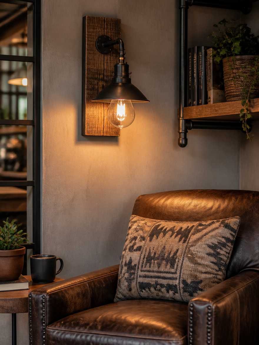 Industrial wood wall sconce in reading nook