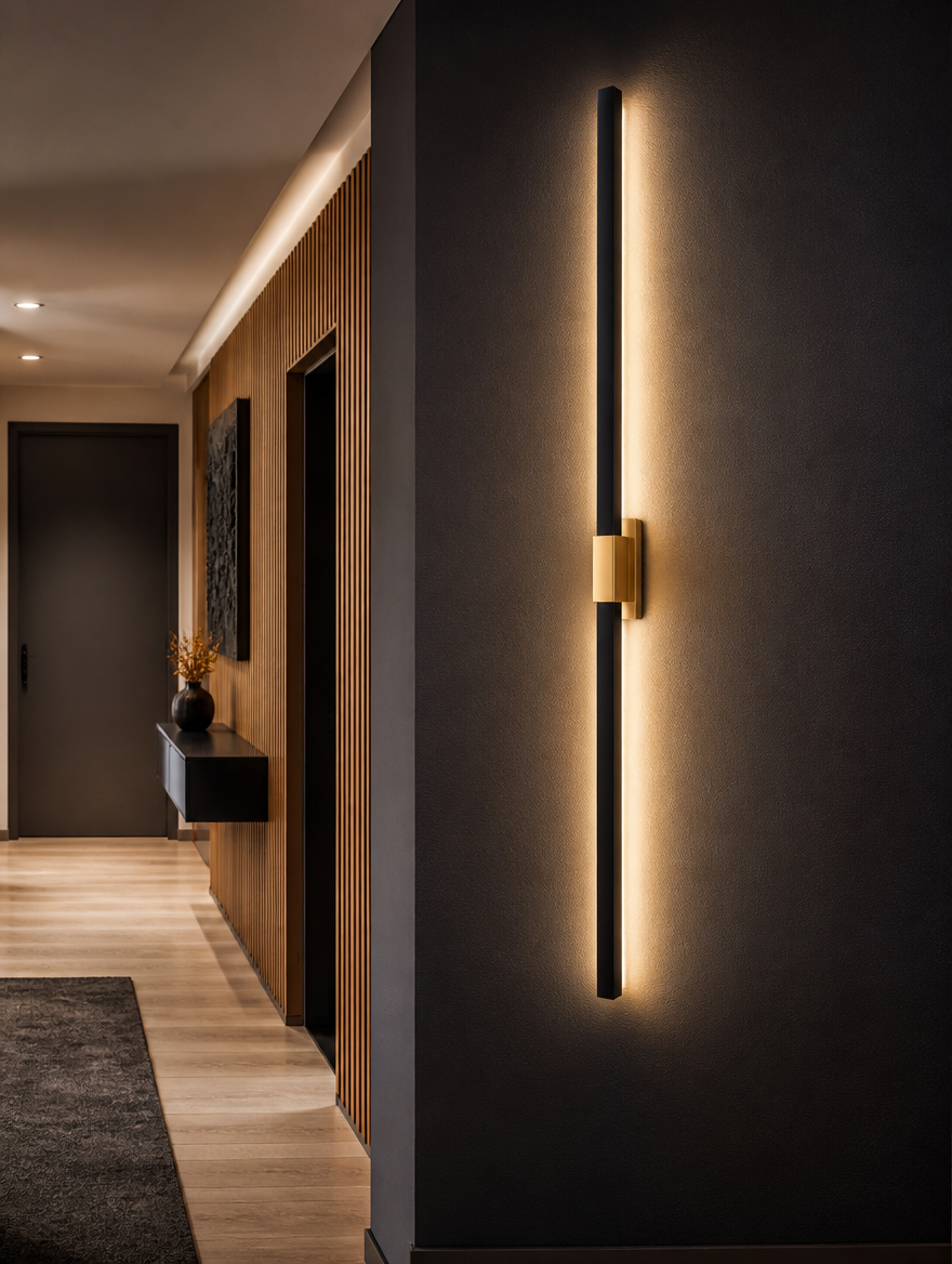 Black and gold LED wall sconce in modern hallway