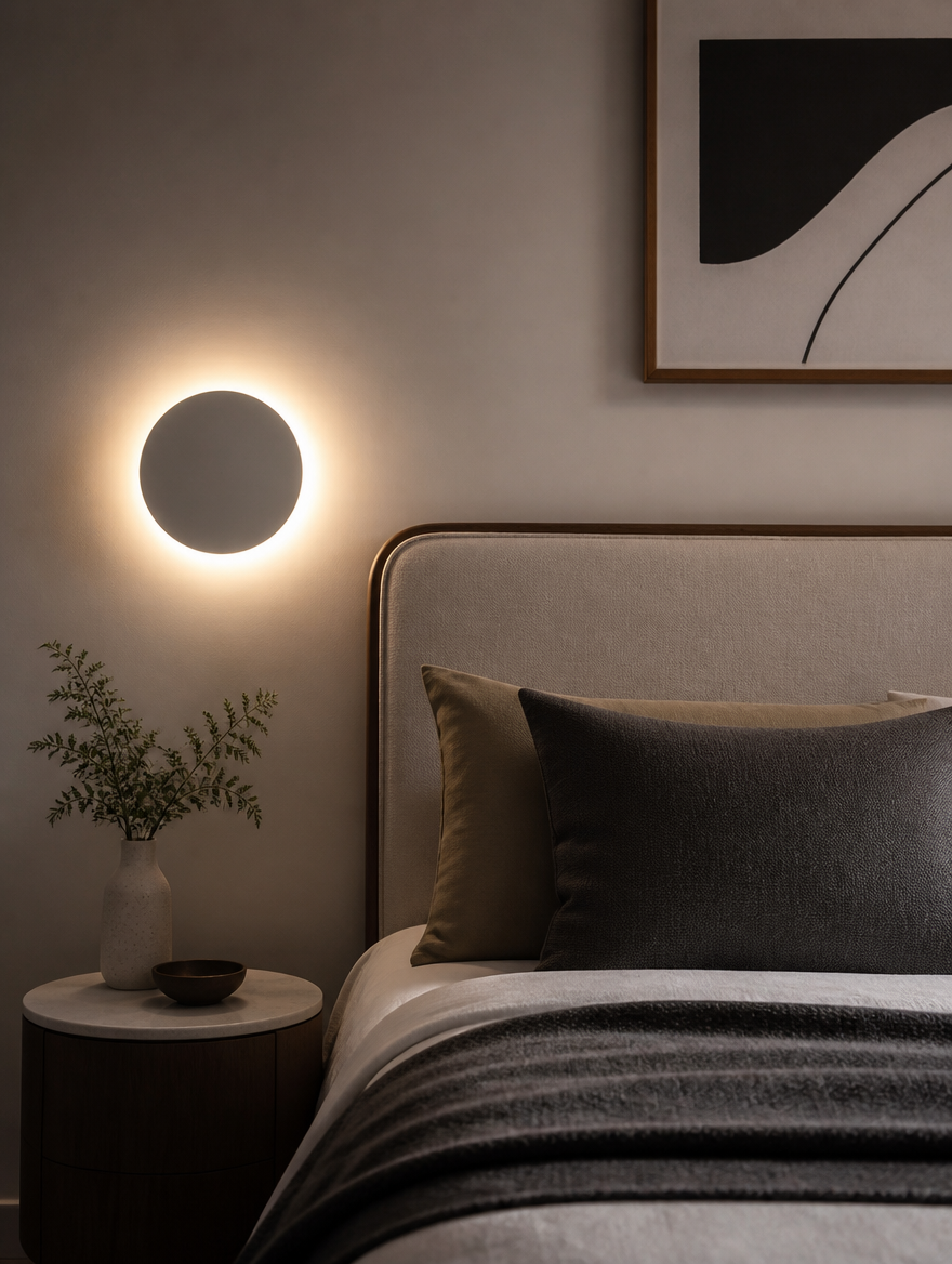 Circular LED wall sconce beside modern bed