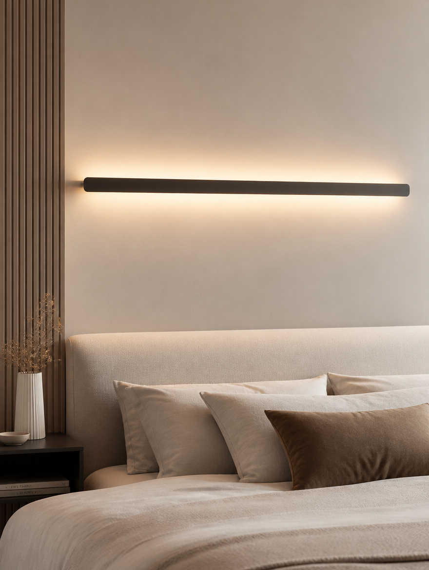 Long LED wall lamp above bed headboard