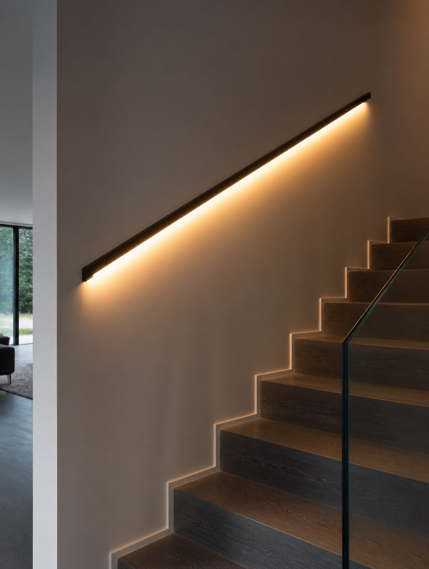 Long LED wall lamp on staircase wall