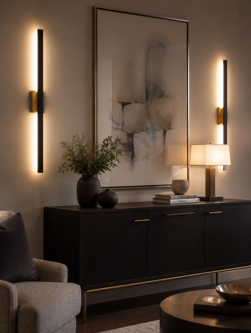 Black and gold strip LED wall sconce in living room