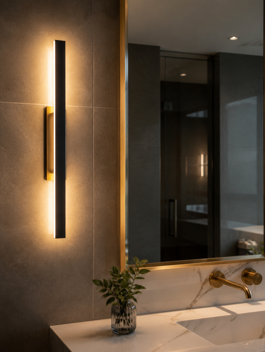 Black and gold LED wall sconce beside bathroom mirror