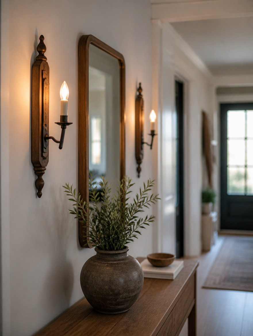 Antique wood wall sconce in modern entryway