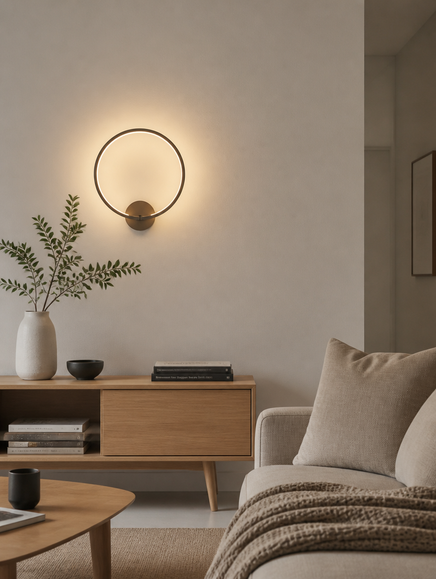 Round Nordic ring LED wall sconce in living room