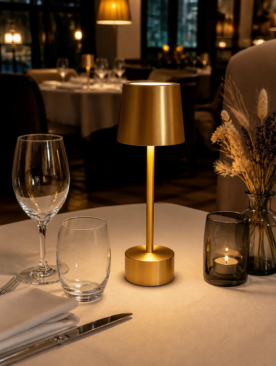 Portable LED table lamp on restaurant table