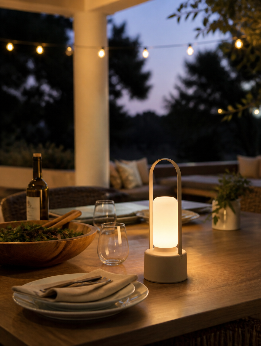 Portable rechargeable table lamp on patio dining table at dusk