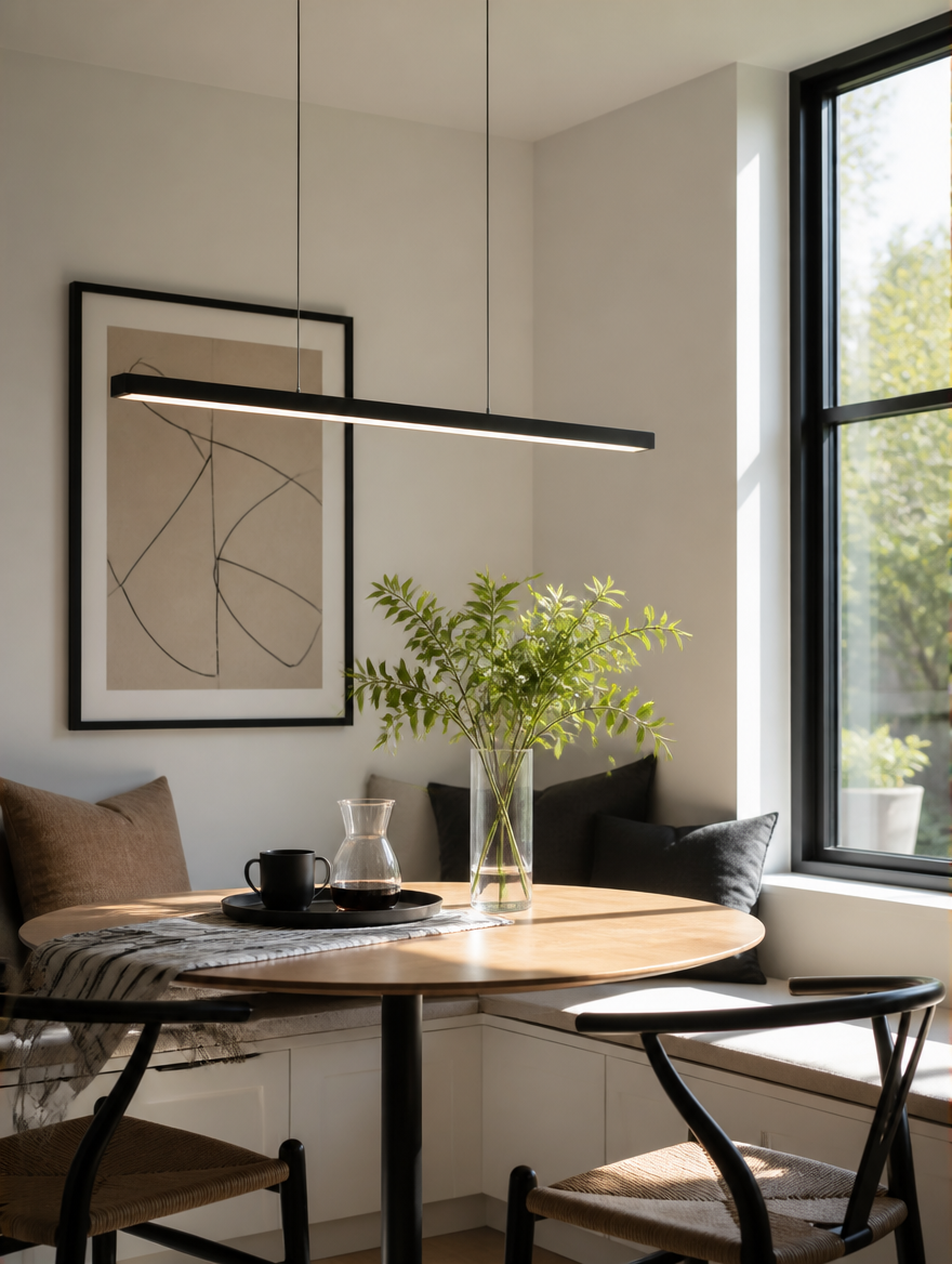 Linear LED pendant light in breakfast nook