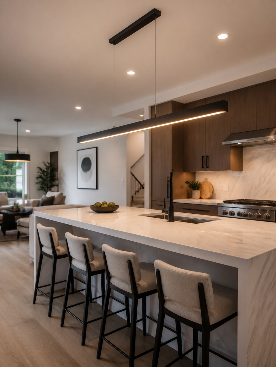 Linear pendant light over kitchen island
