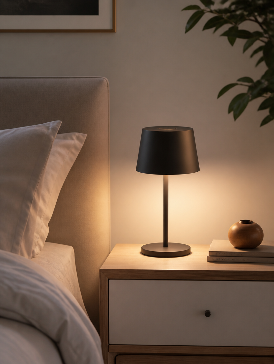 Cordless rechargeable table lamp on nightstand