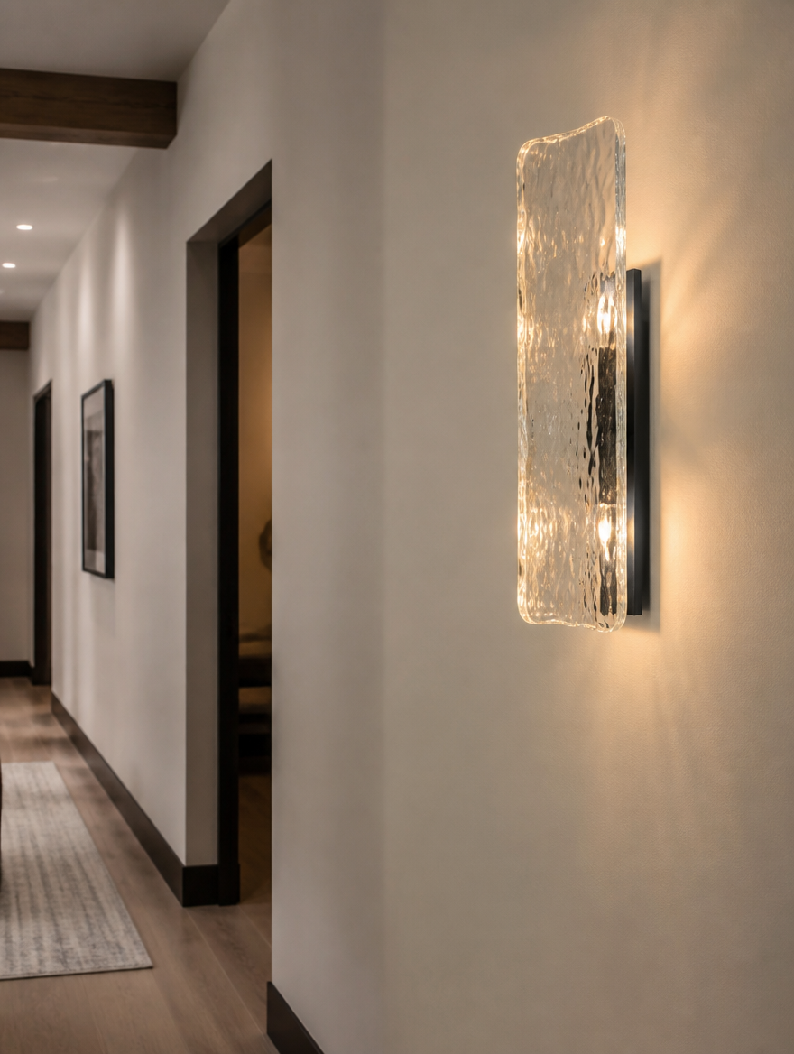 Water ripple glass wall sconce in a hallway