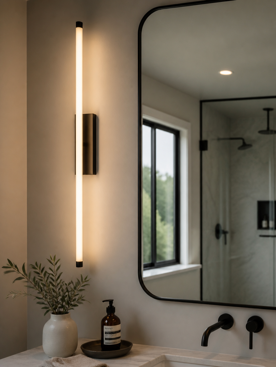 Minimalist LED wall sconce beside bathroom mirror